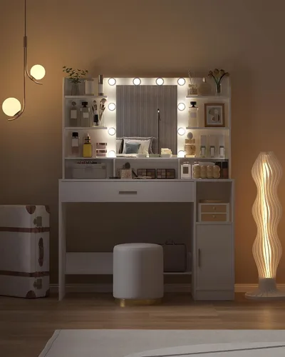 Vista 6 de Escritorio de tocador con espejo HD, tocador de maquillaje con luces LED, 3 niveles de brillo ajustable, mesa de vestir con estanterías ocultas