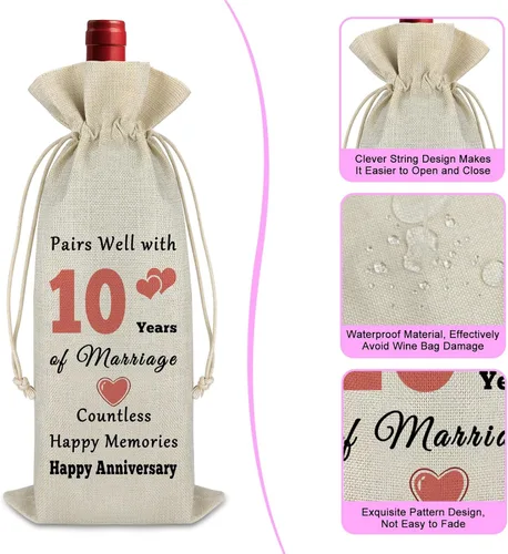 Vista 3 de Gfhzdmf Regalo de boda de 10º aniversario para esposa, marido, bolsa de vino, regalo de matrimonio de 10 años para mujeres y hombres, bolsa