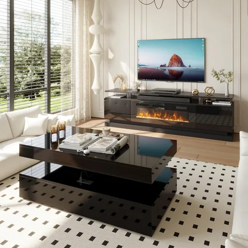 Vista 2 de 2 Piece Modern Table Set Includes 70" Fireplace TV Stand & 47" Coffee Table with Charging Station and USB Ports, for Living Room, Black