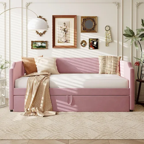 Vista 26 de Cama Diván Moderna Tamaño Twin XL con Cinturón LED y Cama Nido, Marco de Cama Plataforma de Madera con Cabecera Tapizada con Almacenamiento, Sofá