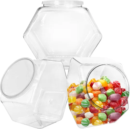 Vista 8 de Woozettn 2 Pack Plastic Cookie Jars,1 Gallon Hexagon Candy Jars with Lid,Clear Hexagon Containers for Kitchen,Office,Dry Food,Snacks,Craft,Laundry