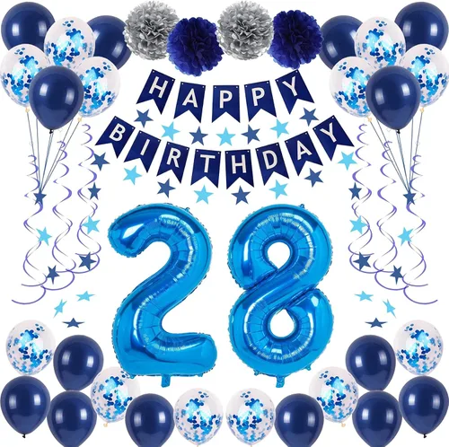 Vista 16 de Decoraciones de fiesta de cumpleaños azul número 29 para hombres y mujeres, suministros de globos de feliz cumpleaños 29 con pancarta de feliz