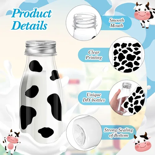 Vista 5 de SiliFine Juego de 24 botellas de leche de plástico de 7 onzas con pajitas, tapas de metal plateado, calcomanías de leche con estampado de vaca