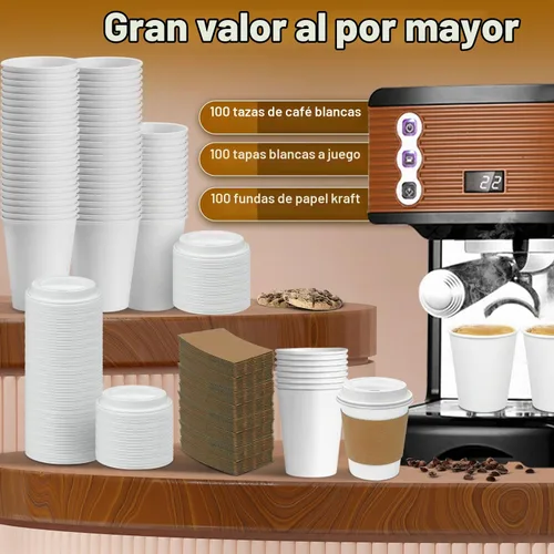 Vista 6 de Ginkgo Paquete de 100 Tazas de Café de Papel Engrosado de 8 oz con Tapas y Fundas Blancas, Tazas de Café Desechables para Llevar para Café Espresso