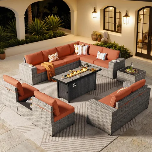 Vista 38 de ovios Juego de muebles de patio de 6 piezas, sofá seccional de mimbre para exteriores con mesa auxiliar, cómodos cojines, moderno sofá modular Beige