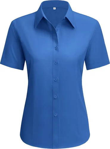 Vista 21 de siliteelon Camisas de vestir para mujer, de manga corta, de algodón, camisa con botones abajo, camisa básica con botones arriba, camisas con cuello