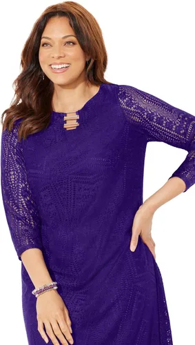 Vista 5 de Catherines Vestido de encaje de ganchillo con cuello de anillo pequeño para mujer en talla grande