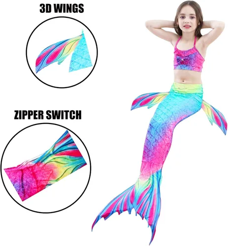 Vista 2 de GMIFUN 4PCS Girls Swimsuit Mermaid Tails Kids for Swimming Princess Costume Bikini Swimmabl Toddler Bathing Suit 3Y-12Y