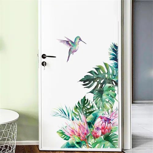Vista 5 de Calcomanías de pared de hojas tropicales, hojas verdes, flores, calcomanías de pared de palmera, plantas, pájaros, calcomanías para ventana