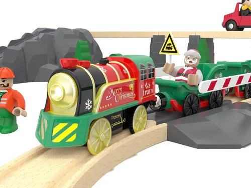 Vista 8 de Juego de tren eléctrico para pistas de madera, juguete de trenes a batería con luces y sonidos para niños pequeños, tren motorizado para niños