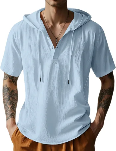 Vista 12 de Sudaderas con capucha de algodón y lino para hombre, camisa de manga corta con botones, camisa de verano hawaiana con cordón