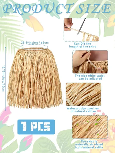 Vista 2 de Liliful Minifalda de rafia natural para niños, falda larga de hula hawaiana, falda de playa para disfraz de Halloween, fiesta de Luau
