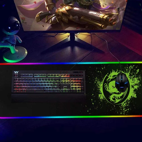 Vista 6 de Alfombrilla de mouse grande RGB para juegos, 15 modos de luz, alfombrilla de teclado de computadora extendida, alfombrilla de mouse de dragón