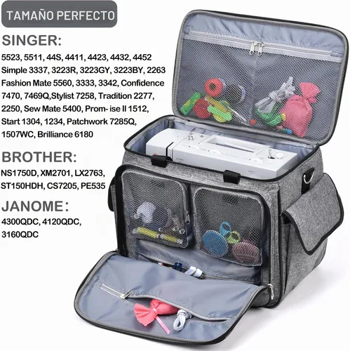 Vista 2 de CAB55 Estuche enrollable para máquina de coser, estuche de transporte desmontable con ruedas, bolsa de transporte con fondo extraíble de madera