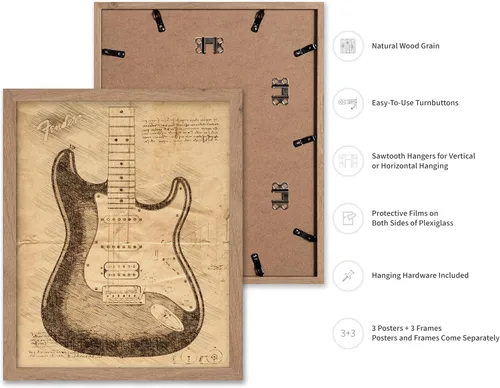 Vista 2 de Poster Master Póster de música vintage de 3 piezas, impresión de instrumentos retro, regalo para músico, amigo, guitarra eléctrica, patrón, patente