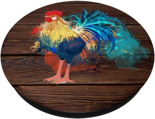 Vista 2 de Pintura para salpicaduras de pollo Art Rooster, aspecto de madera de granja – PopSockets Grip y soporte para teléfonos y tabletas