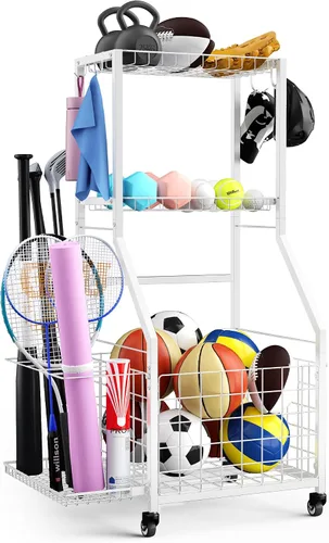 Vista 10 de Organizador de garaje para equipos deportivos, estante de almacenamiento de pelotas de garaje para deportes con ruedas, organizador deportivo