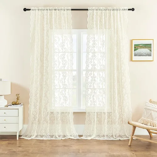 Vista 28 de Cortinas de encaje floral victoriano transparentes - 45 pulgadas de largo, 2 paneles, bolsillo para barra de cocina estilo cafetería, filtro de luz