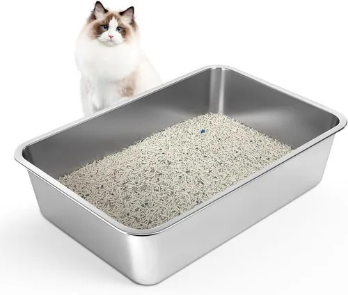 Vista 11 de Caja de arena para gatos de acero inoxidable, bandeja de arena de metal cubierta, bandejas de arena para gatos con lados altos, caja de arena