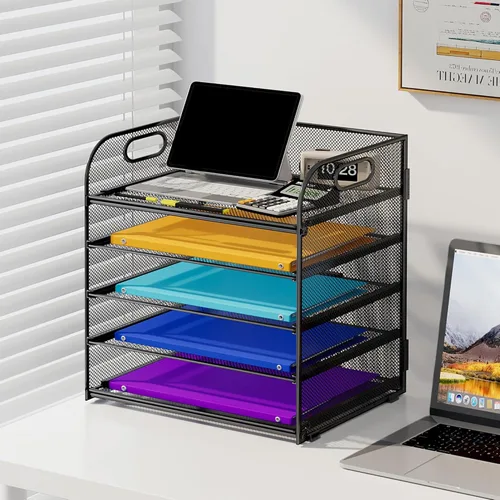 Vista 5 de Cawukege Organizador de papel de 5 niveles con asa, organizador de escritorio de malla de metal negro, carpeta de archivos, bandeja de cartas
