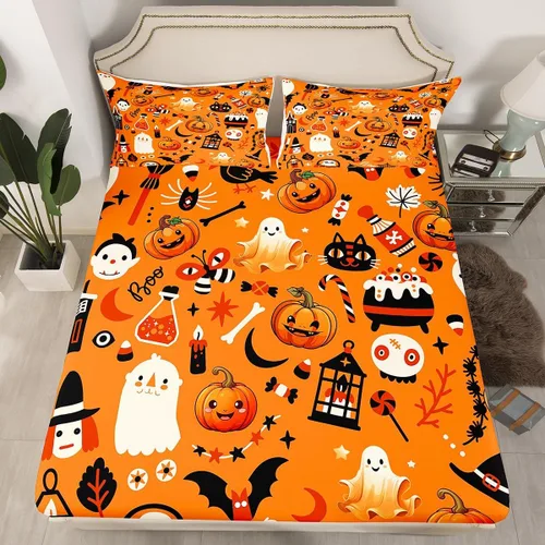 Vista 2 de Erosebridal Sábanas de Halloween para niños y niñas, juego de sábanas espeluznantes de dibujos animados, tamaño individual, juego de ropa de cama