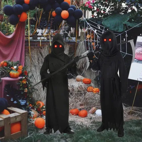 Vista 7 de Grim Reaper - Disfraz de Halloween con ojos rojos brillantes y guadaña para niños y niñas disfraz espeluznante fantasma para Halloween y cosplay