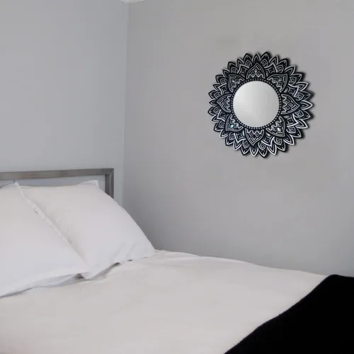 Vista 6 de BHDecor Espejo para decoración de pared para el hogar, marco tallado con láser de varias capas, elegante mandala de madera para colgar, paneles