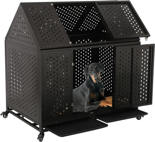 Vista 11 de Jaula resistente de 44 pulgadas para perros con ruedas, de acero indestructible a prueba de escapes, para perros de alta ansiedad, grandes