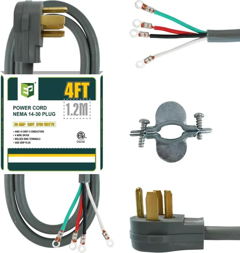 Vista 8 de EP Cable de secado de 4 puntas, 4 pies SRDT 10/4, cable de alimentación de extensión de electrodomésticos de 30 amperios, NEMA 14-30, negro