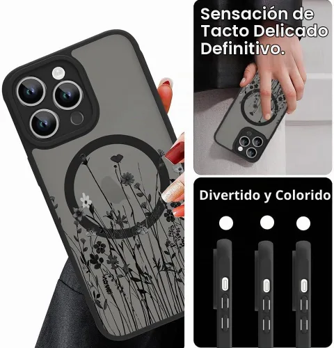 Vista 6 de OOK Funda magnética para iPhone 13 Pro Max [compatible con MagSafe] Funda delgada translúcida mate con flor silvestre negra, protección para lente