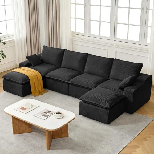 Vista 12 de Sofá seccional de pana sin hueso de 107 pulgadas para sala de estar, sofá modular con diván en forma de L, moderno sofá modular con asiento profundo