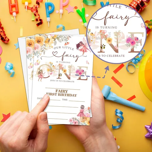 Vista 3 de Invitación de fiesta de primer cumpleaños de hada, invitaciones de relleno con temática de hadas de jardín, 20 invitaciones florales con sobres