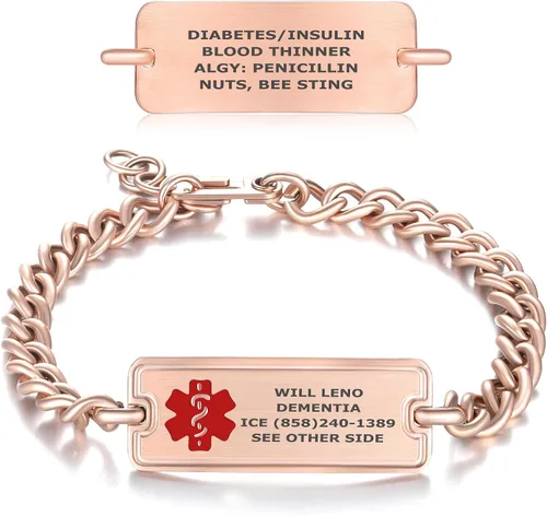 Vista 12 de Pulsera de Alerta de Identificación Médica Grabada Personalizada, Condiciones Personalizadas de 4 Líneas Cadena de Cuerda de Acero Inoxidable