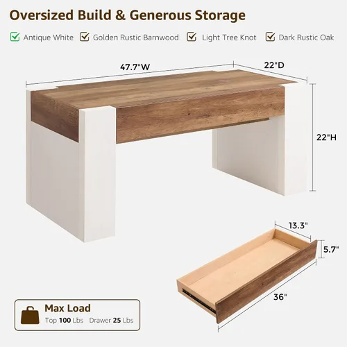 Vista 9 de OKD Mesa de café de 48" moderna estilo casa de campo, mesa de madera para sala de estar con cajón de almacenamiento oculto, mesas centrales