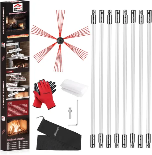 Vista 11 de Kit de limpieza de chimenea de 16 pies, kit de limpieza de chimenea con 5 varillas de chimenea flexibles, sistema de limpieza de chimenea giratorio