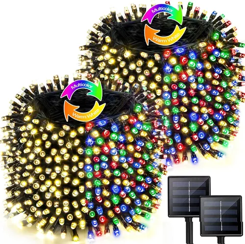 Vista 23 de Paquete de 2 tiras de luces solares de 480 LED para exteriores, luces solares súper largas de Navidad de 170 pies para exteriores con 8 modos