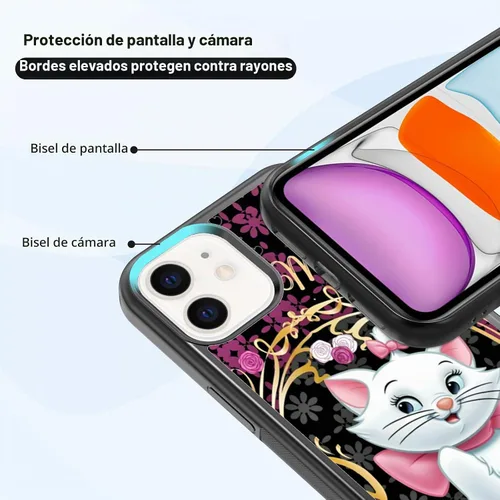 Vista 2 de Elegante funda de teléfono con diseño de gato Marie compatible con iPhone 11, funda de encaje dorado para iPhone, a prueba de golpes, rosa fucsia