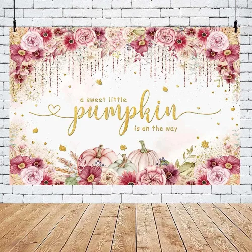 Vista 5 de MEHOFOND Fondo de otoño de 7 x 5 pies con temática de calabaza estilo bohemio para baby shower, fondo de fotos de baby shower, color rosa, burdeos
