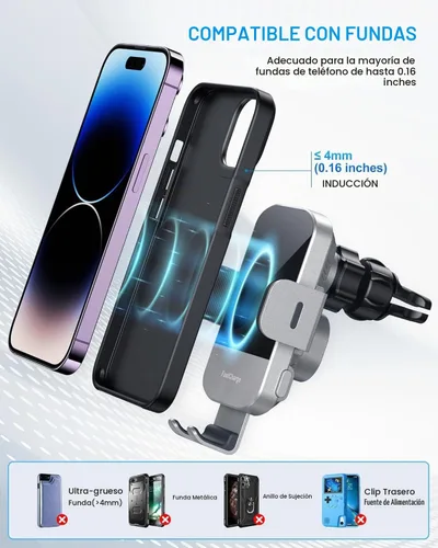 Vista 8 de Cargador de Coche Inalámbrico, Carga Rápida de 15W, Cargador de Coche con Abrazadera Automática, Soporte para Teléfono Compatible con iPhone 15 14