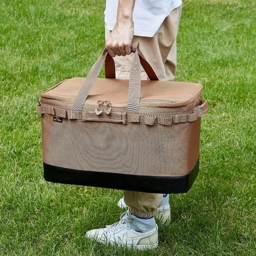 Vista 7 de Bolsa plegable para transportar alimentos, bolsa portátil para comestibles (48 litros), adecuada para catering, catering, picnic, campamento, Marrón