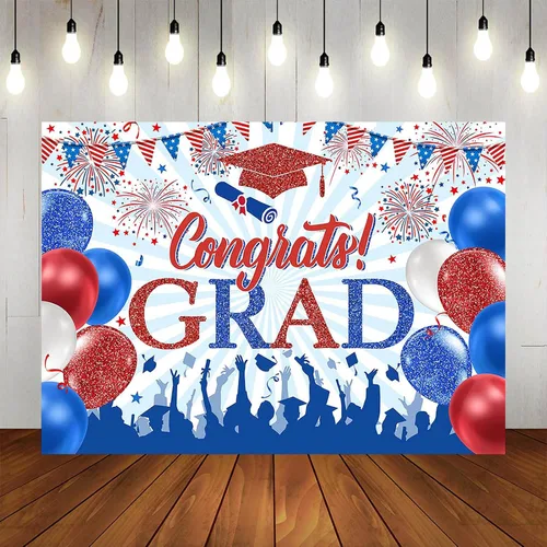 Vista 5 de Telón de fondo rojo y azul de felicitaciones graduadas de 8 x 6 pies para la clase de 2026, decoración de fiesta de graduación rojo, azul y blanco