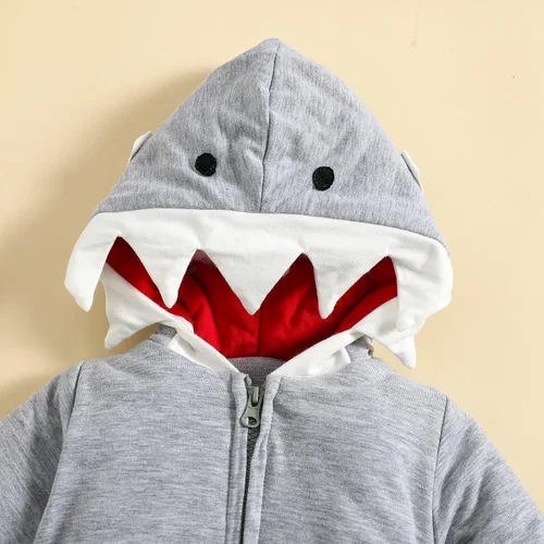 Vista 4 de Disfraz de tiburón de Halloween con capucha para bebé, mameluco de burbujas, leggings a rayas, lindo atuendo