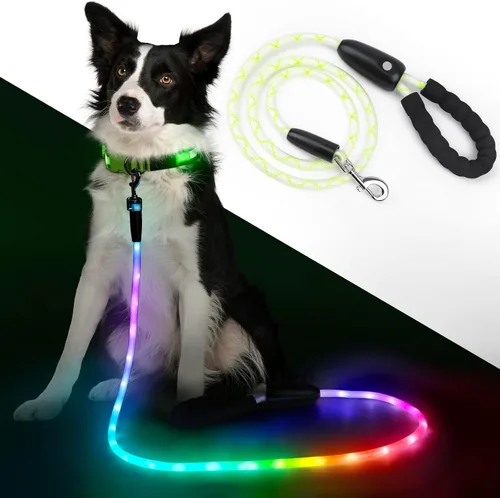 Vista 12 de YFbrite Correa de perro de 4 pies iluminada con 15 modos de parpadeo - Correa de perro LED súper brillante para perros pequeños, medianos y grandes