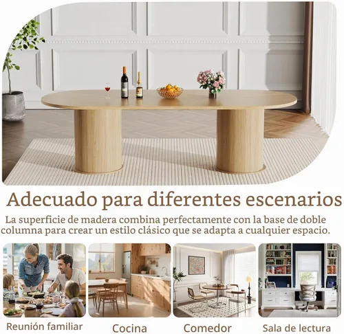 Vista 6 de Mesa de comedor redonda extensible con base de almacenamiento, mesa de comedor expandible natural de 63 a 94 pulgadas para 10 personas, mesa