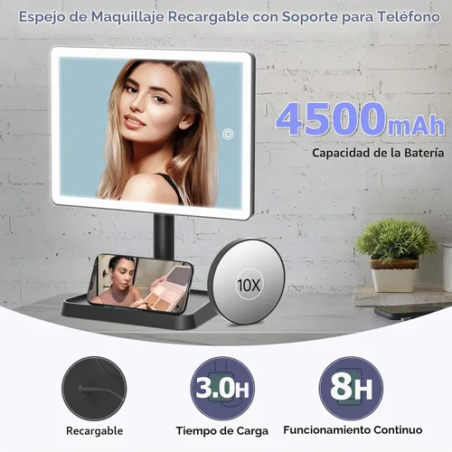 Vista 2 de FUNTOUCH Espejo de tocador de maquillaje recargable con luces, espejo de escritorio grande iluminado con 96 luces LED y aumento de 10x, iluminación