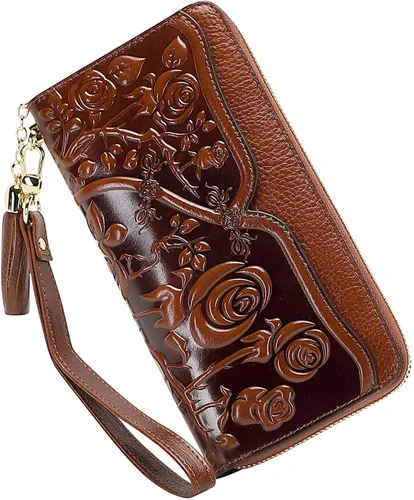 Vista 3 de PIJUSHI Bolsos de diseñador para mujer monederos florales con asa superior bolsos de cuero genuino para mujer cartera floral para mujer monederos