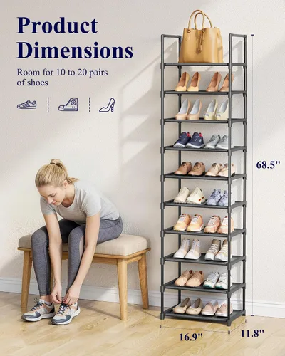Vista 3 de Kitsure Zapatero – Organizador de zapatos de 10 niveles con estantes de tela desmontables y marco de metal, zapatero alto para armario, entrada