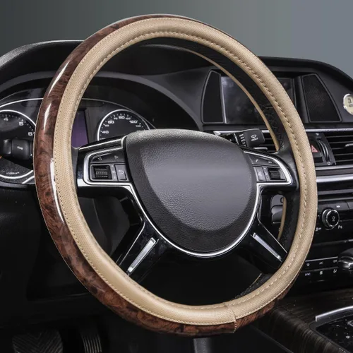 Vista 2 de CAR PASS - Funda de volante de cuero de grano de madera de 14.5-15 pulgadas de microfibra, diseño antideslizante con vetas, funda universal