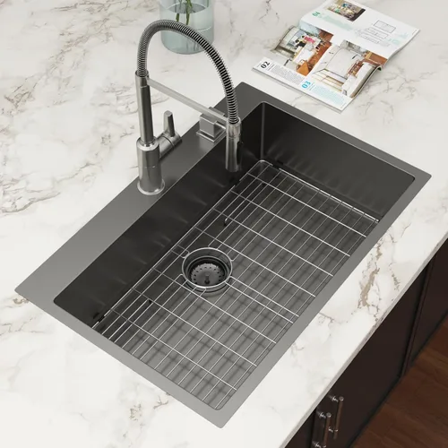 Vista 23 de Fregadero de cocina de 25 pulgadas, fregadero de un solo cuenco, color negro mate, calibre 18, 25 x 22 pulgadas, acero inoxidable, montaje superior