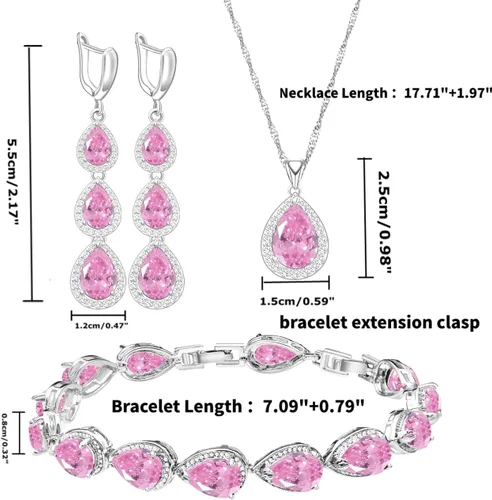 Vista 5 de LMXXVJ Juego de collar y aretes largos, chapados en oro blanco, juego de joyas de zafiro azul creado, joyería de regalo para boda, fiesta, joyería